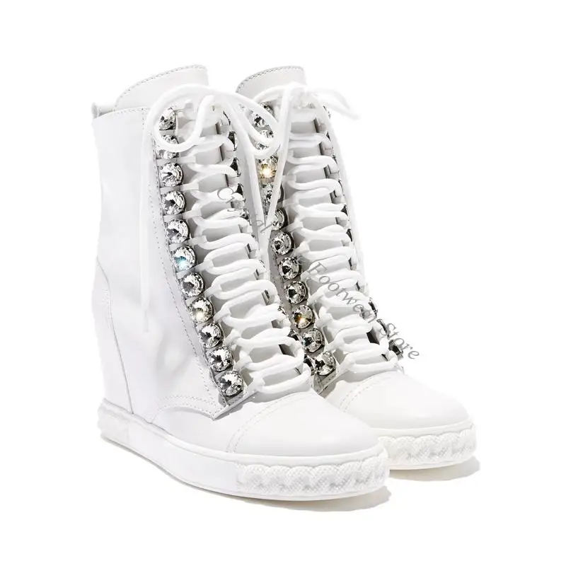 

Bling Rhinestone Button Lace-Up Ankle Booties Inner Wedge Height Increased Black White Genuine Leather Women Shoes Bottine