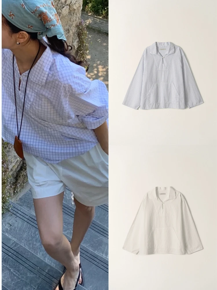 

Loose Plaid irt Women's Simple Match Sun Protection Loose Fit Sle Casual Lazy Collar Summer Faion Ladies' Top