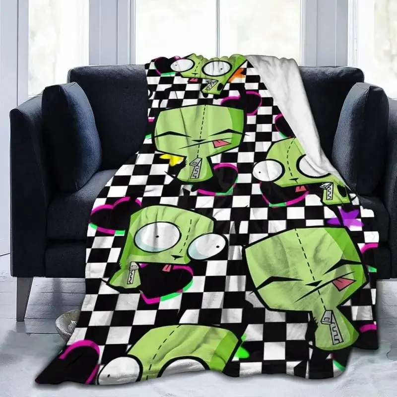 VIKAMA Y2K Cartoon Green Bot Throw Blanket Neon Heart Checkerboard Soft Flannel Dorm Decor Gift Boys Girls Alt Anime Fans