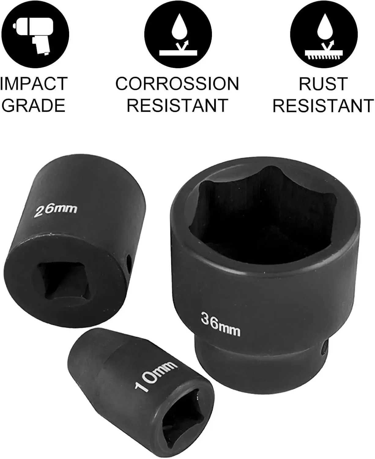 Impact Socket Set 1/2 Inches 26 Piece Impact Sockets, Shallow Socket, 6-Point Sockets, Rugged Construction, CR-M0, 1/2 Inches