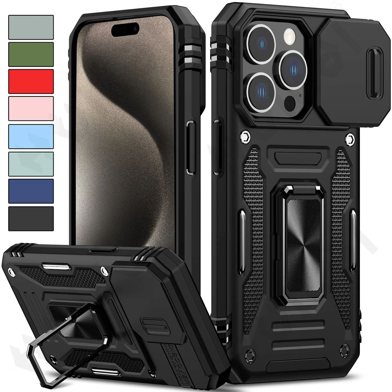 Case For iPhone 15 Pro Max Plus Ring Stand Armor Anti-fall Slide Camera Kickstand iPhone 15 Pro Magnetic Car Cover