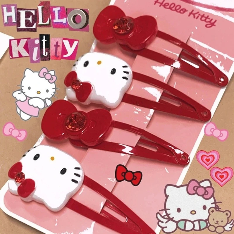 Sanrio Kawaii Hairpin Pink Hello Kitty BB Clips Sweet Cute Cat Hair Clip Zircon Bow Bangs Clip Girl For Girls Hair Accessories