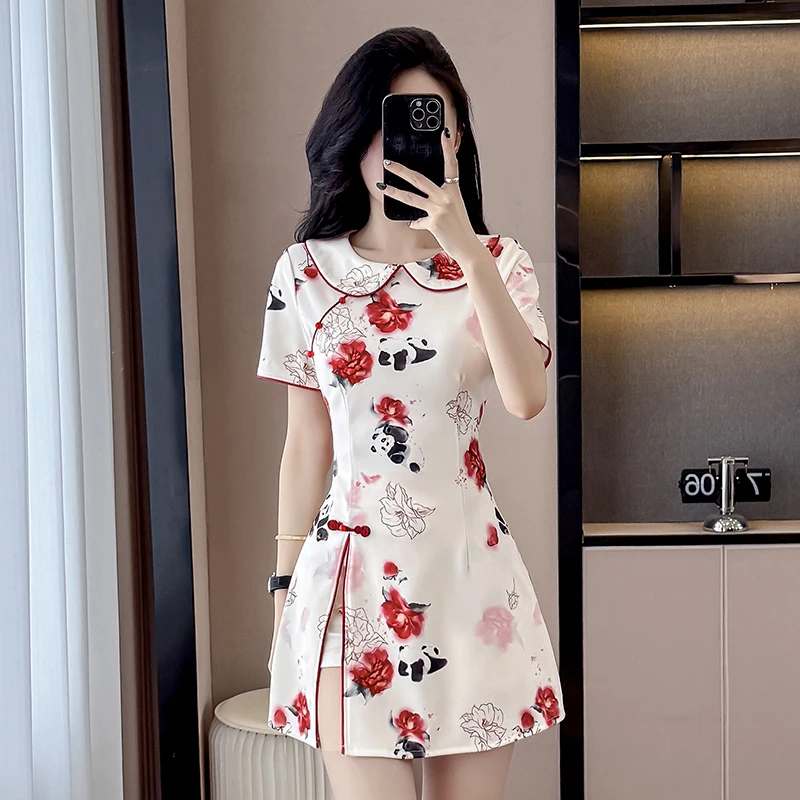 2 piece set New Chinese Style Floral Cheongsam Set - Elegant Qipao Dress & Shorts 2-Piece Outfit with Peter Pan Collar (S-2XL) view 3