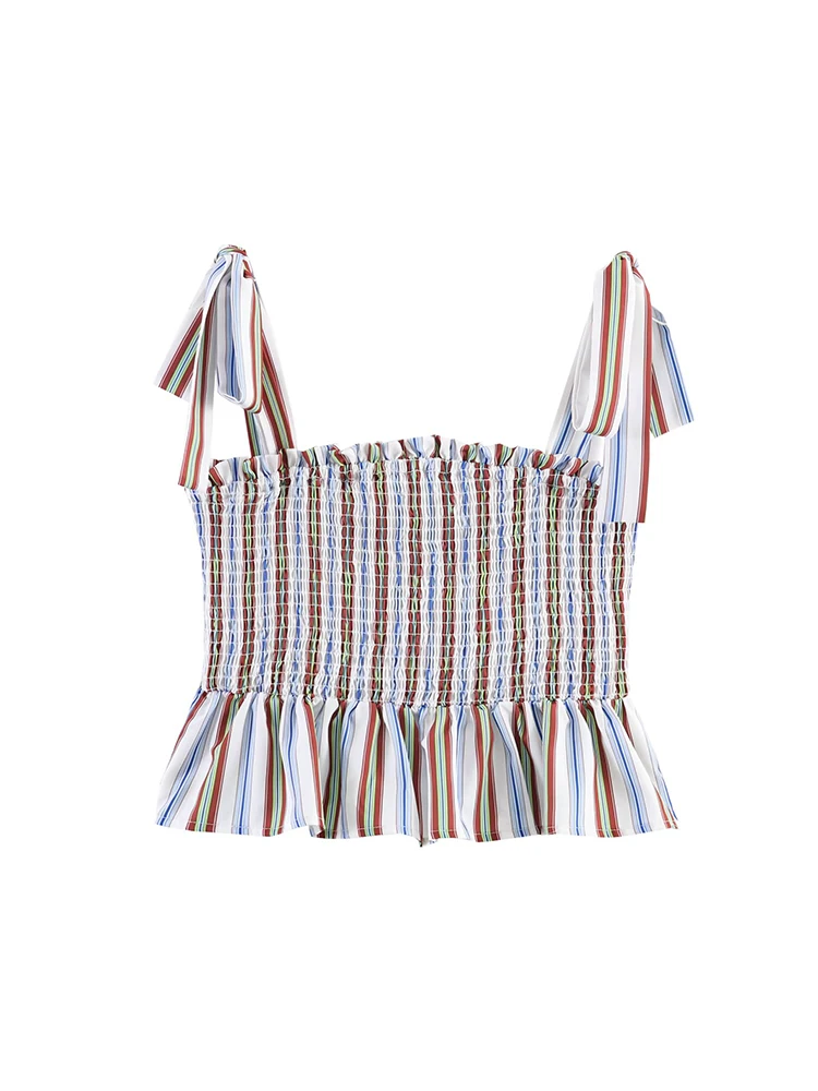 2026 Casual Women Striped Sleeveless Sling Top Chic Pleated Bow Lace Up Crop Female Clothing  Summer New Arrival Casual Top