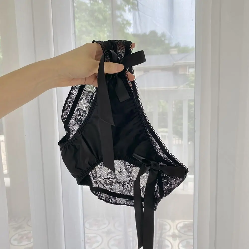 Japanese Solid Color Lace Bow Underwear Ribbon Hollow Out Low-Waist Panties Seamless Cotton Crotch Women Briefs Lady