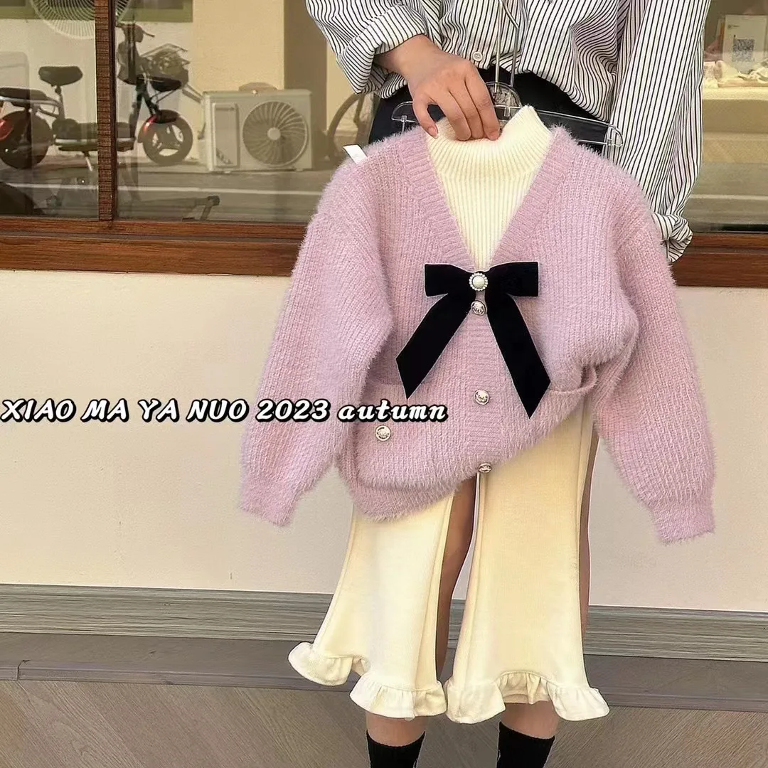 Girl Imitation Mink Velvet Bow Sweater Winter Autumn and Winter New Fake Two-piece Soft Glutinous Korean Knitted Top