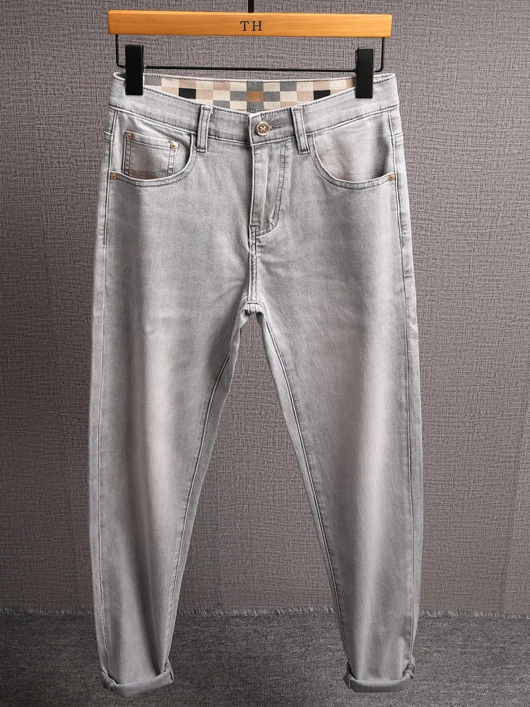 

jeans men's summer thin casual street trend stretch small straight tube fashionable light luxury pants