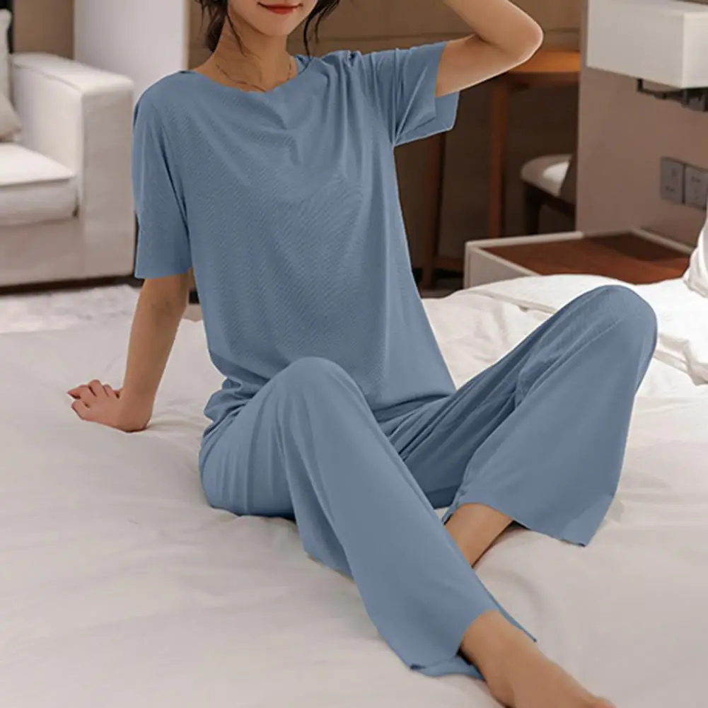 Women Pajama Set Sleepwear Set Elastic Round-neck Solid Color Breathable Women Top Pants Casual Loose Sleepwear Set