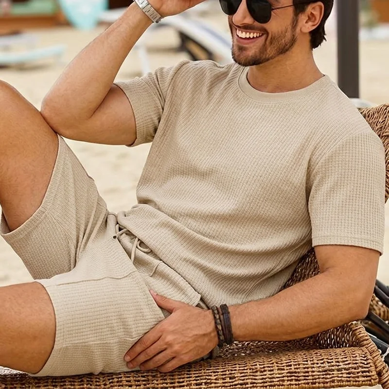 

Mens Versatile Solid Color Short Sleeve Set New Summer Short Sleeve Shorts Two Piece Set Fashion Casual Crew Neck Mens Set