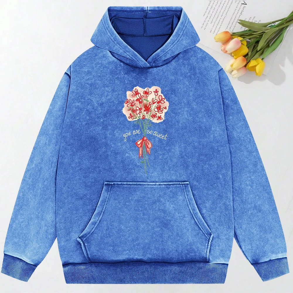 You Are So Sweet Flower Bouquet Print Female Washed Hoodie All-Match Multicolor Pullovers Cotton Casual Hoody Loose Soft Hoodies