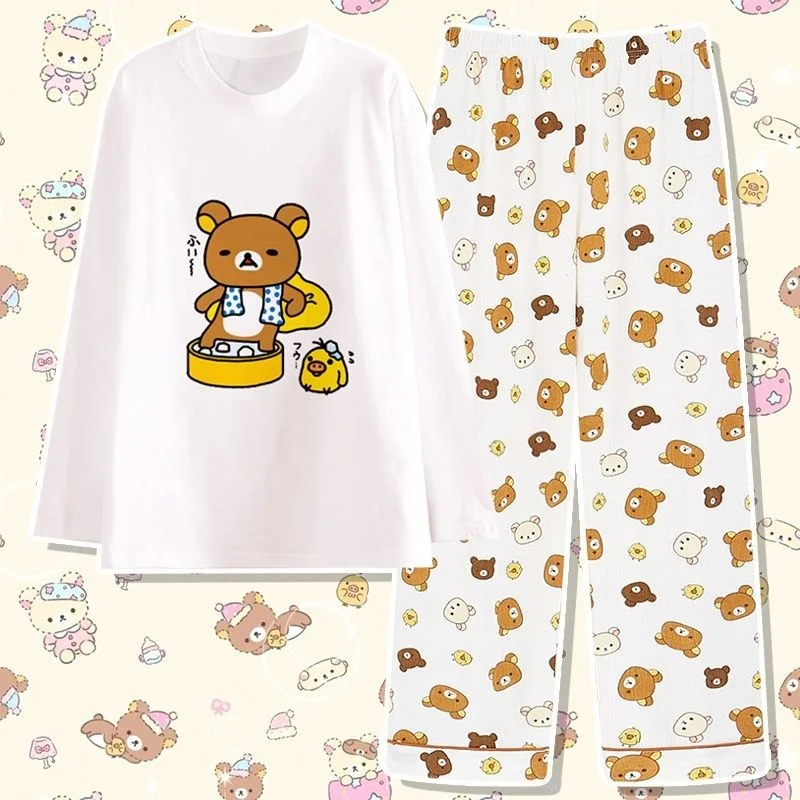 

Rilakkuma Pajamas Set Y2K Tops & Tees Girls Pure Cotton Lazy Bear Spring Autumn Women Short Sleeve Long Pants Cute Top Pants New