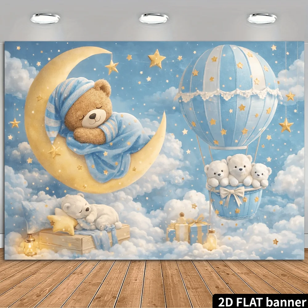 Whimsical Teddy Bear Nursery Tapestry Wall Decor Baby Room Backdrop Moon Hot Air Balloon Celestial Kids Room Cartoon Polyester P