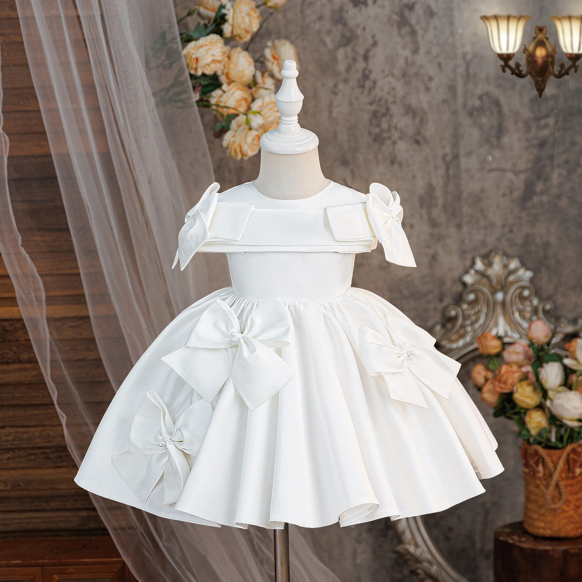 Baby Girls Dress Elegant Wedding Princess Evening Dress Girl Bow Bridesmaid Prom GownToddler Baptism 1st Birthday Party