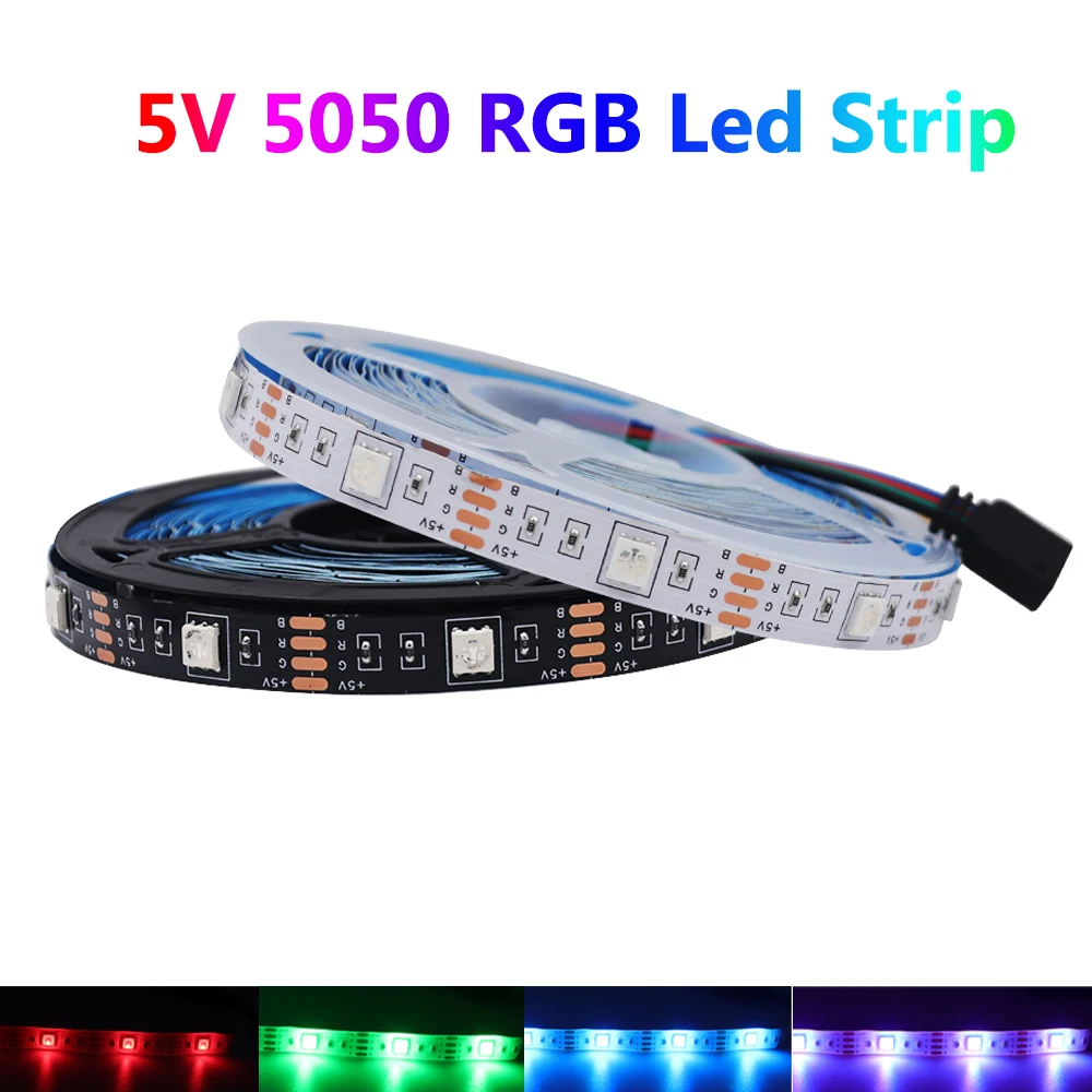 RGB LED Strip Light DC 5V 5050 Flexible LED Tape 50cm 1m 2m 3m 4m 5m 30Leds/m Lamp With 4pin Plug TV Backlight White/ Black PCB