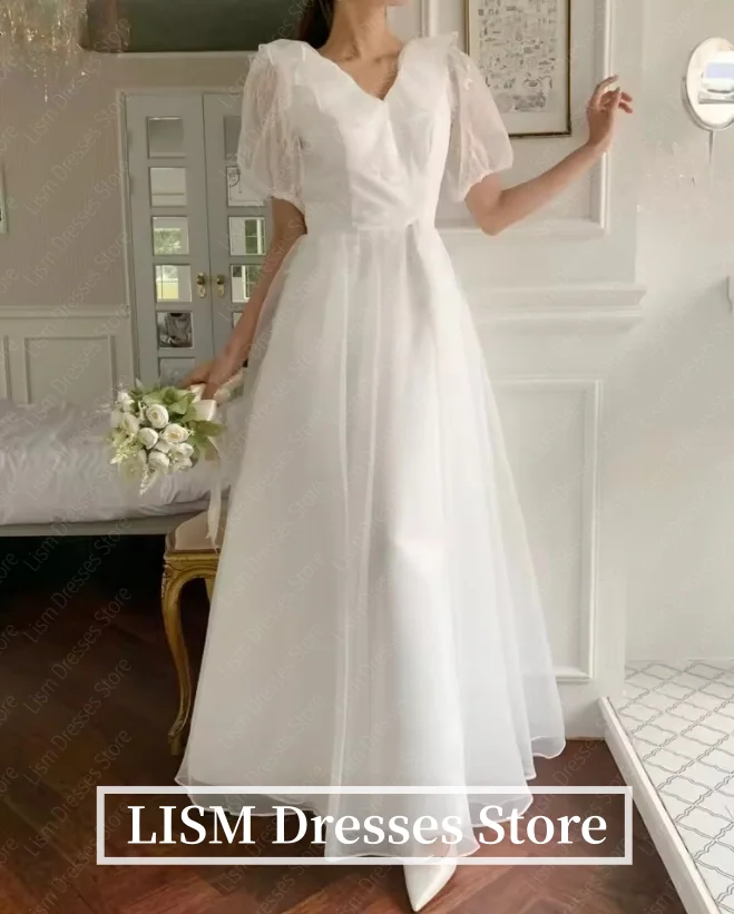 LISM ヴィンテージ韓国ウェディングドレス プロムドレス カスタマイズされたフリルレース半袖イブニングパーティードレス ブライダルレセプションドレス
