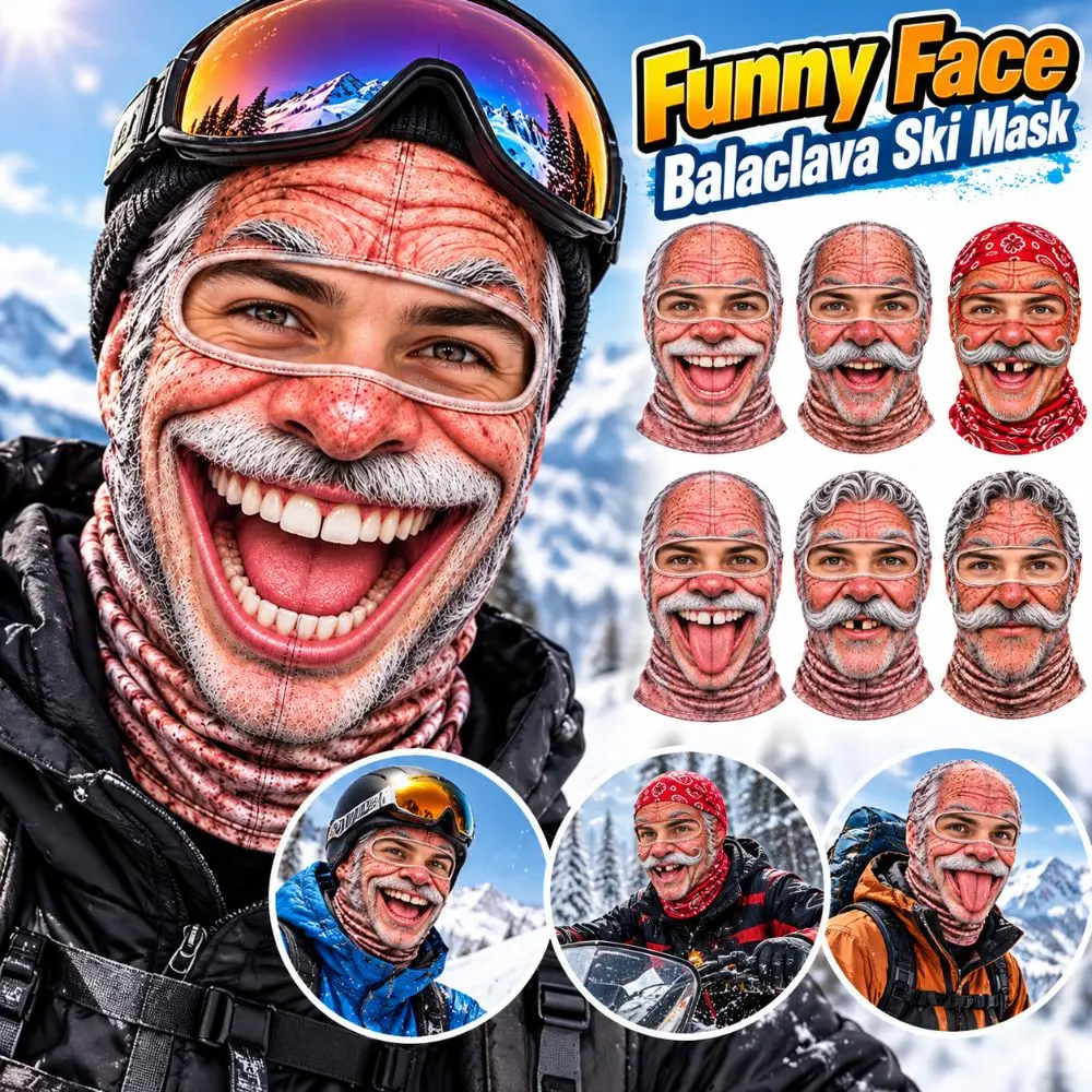 3D Face Printed Old Man Balaclava Face Mask Full Coverage White Mustache Funny Ski Mask Breathable Eye Hole Stretch