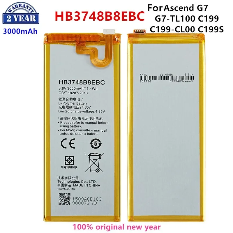 Bateria para Huawei Ascend, HB3748B8SI, 3000mAh, G7, G7-TL100, C199, C199-CL00, C199S, RIO-AL00,TL00, L01, L02, 100% Original