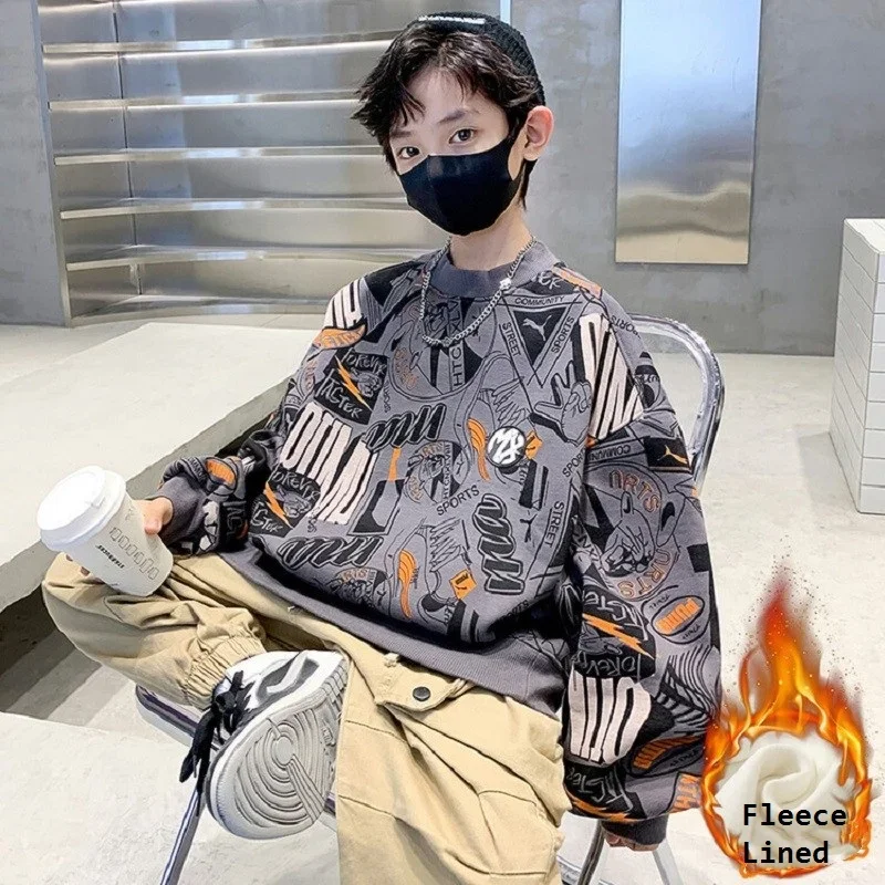 

School Kids Track Pullover Jumper Child Work Coat Tops 5-16Yrs Winter Boys Warm Fleece Lined All-Over Cartoon Printed Sweatshirt