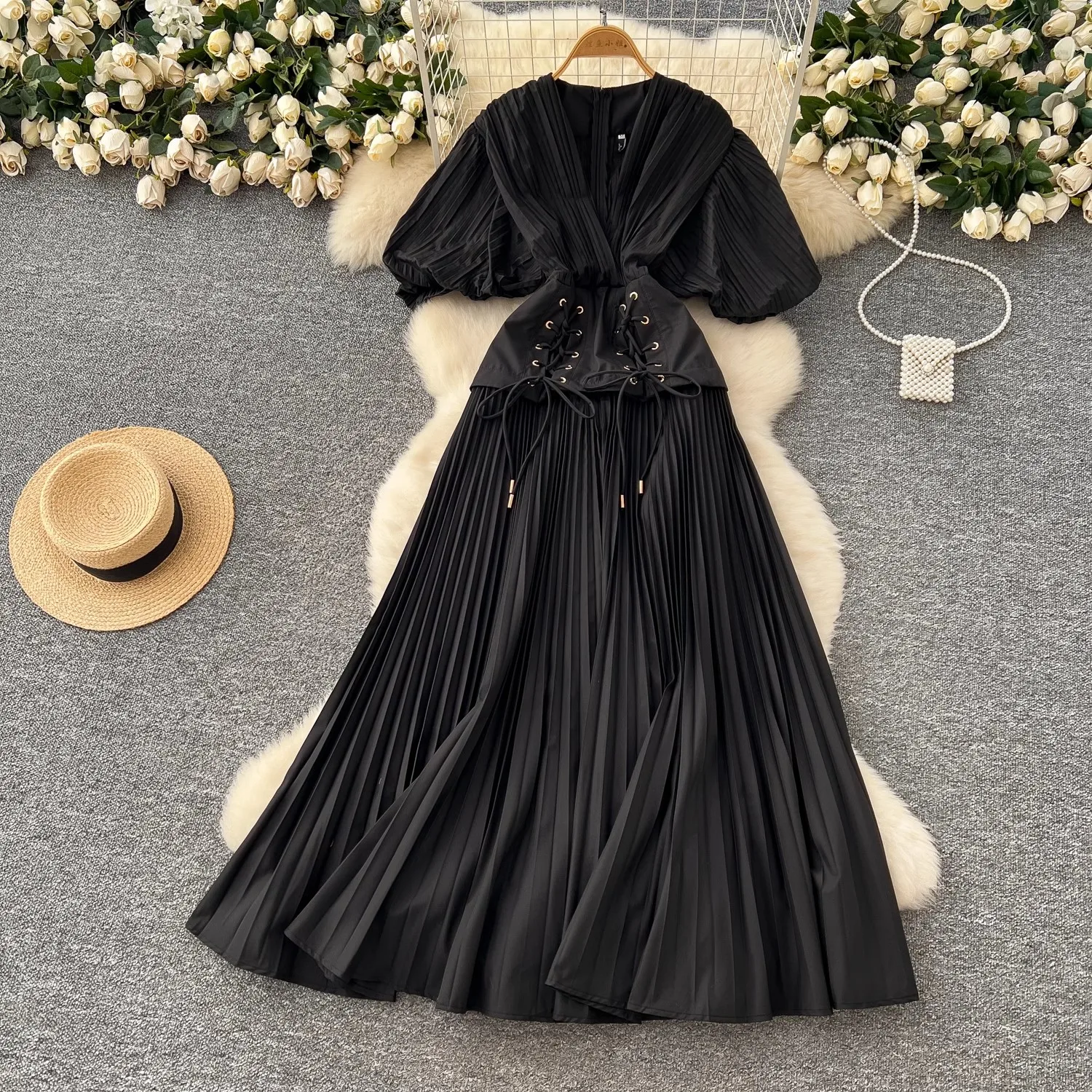 Frauen Elegante Gefaltete Boho Lange Abendkleider Dame Sexy V-ausschnitt Kurze Laterne Hülse Hohe Taille Bandage Roben