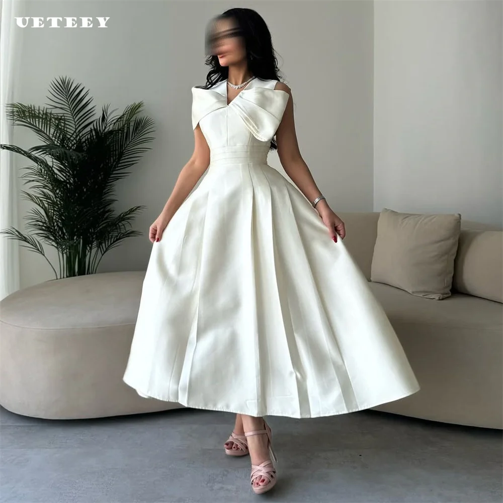 

UETEEY Customized V Neck Satin One Shoulder A Line Wedding Dress Pleats Bow Lace Up Back Simple Tea Length vestidos de novia