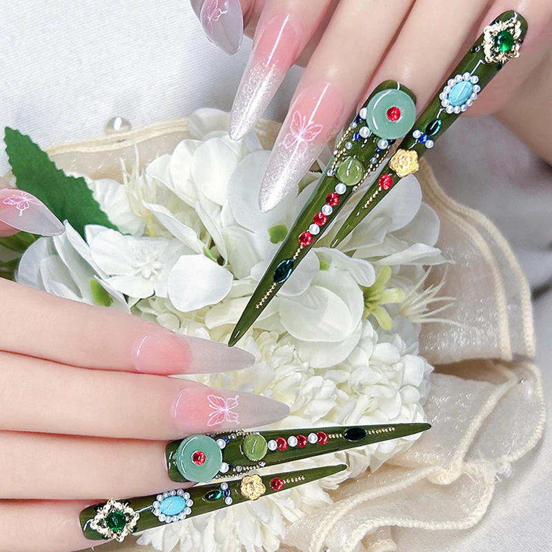 14 Piece（4 long+10 short） Handmade Retro Gem Littini Nail Set Shiny Elegant for Occasions (Better Than) Popular Kits