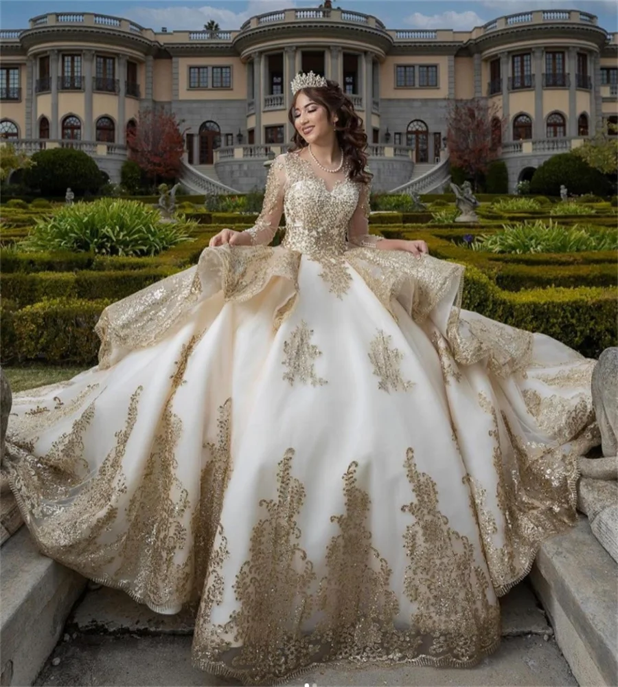 Princesa lantejoulas quinceanera vestidos com decote em v manga longa frisado lindo vestidos 15 años quinceañera dezesseis aniversário personalizado