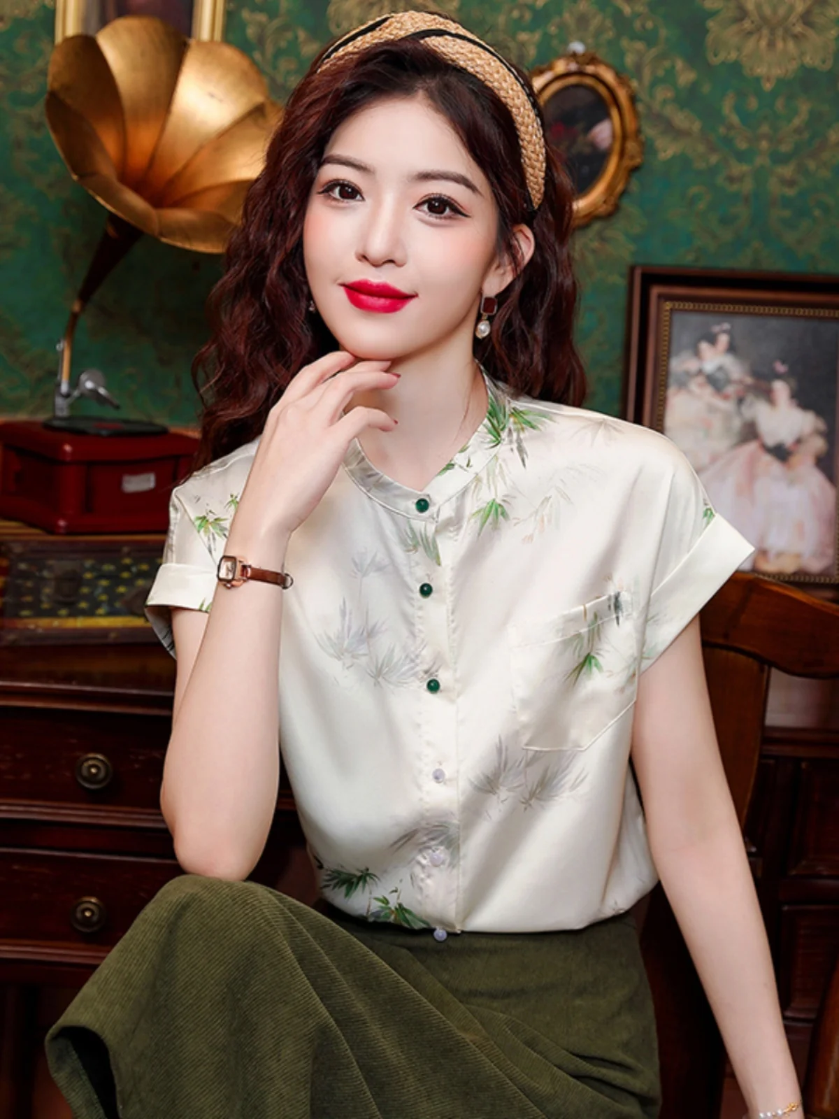 

Новая женская рубашка в китайском стиле с цветочным принтом, воротником-стойкой и коротким рукавом, летняя винтажная блузка на одной пуговице, ретро-модный топ