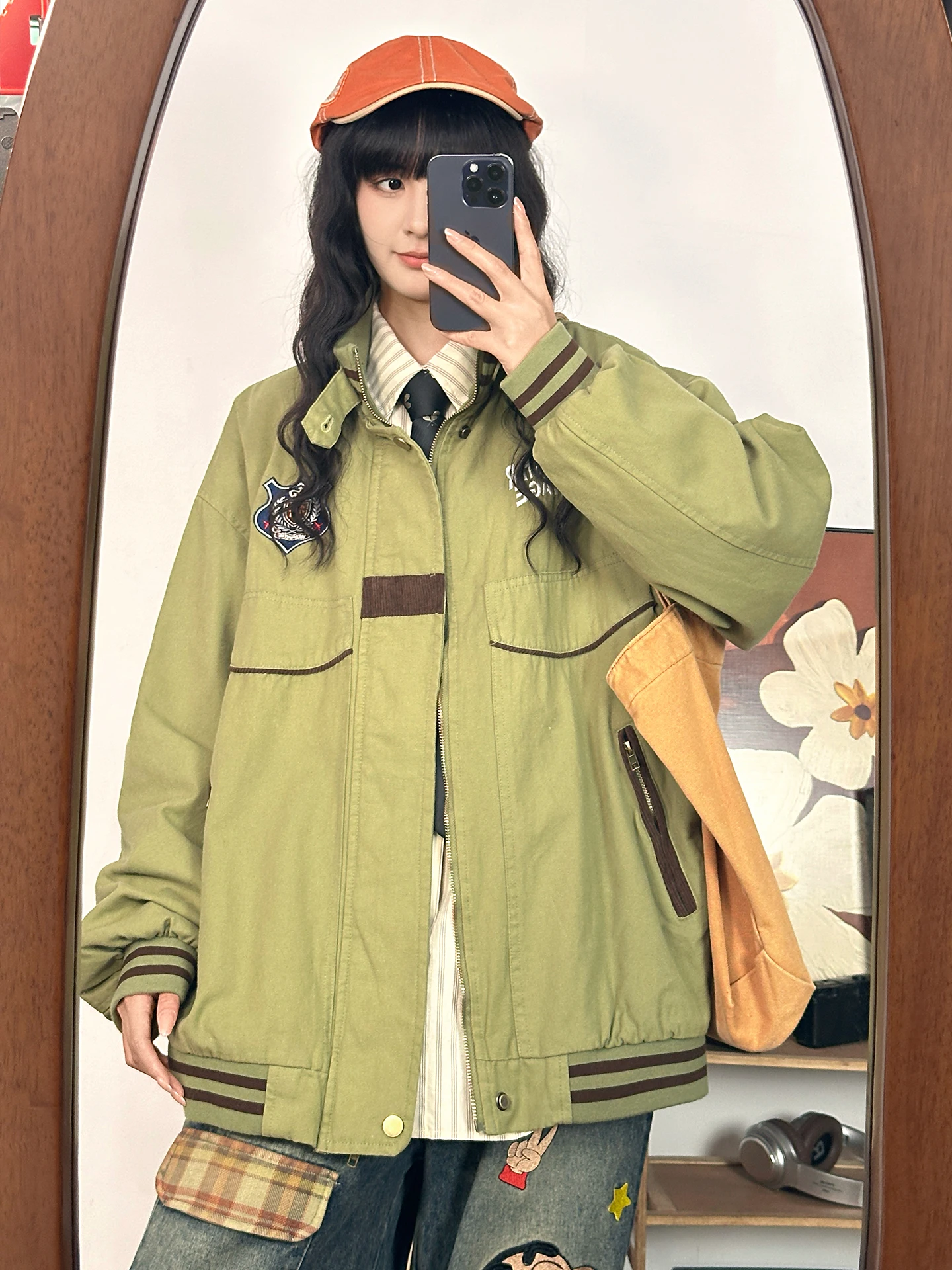 

Повседневная женская свободная куртка Bae Jaet с вышивкой, уличный стиль, хлопок, длинный рукав, на молнии, для осеннего сезона