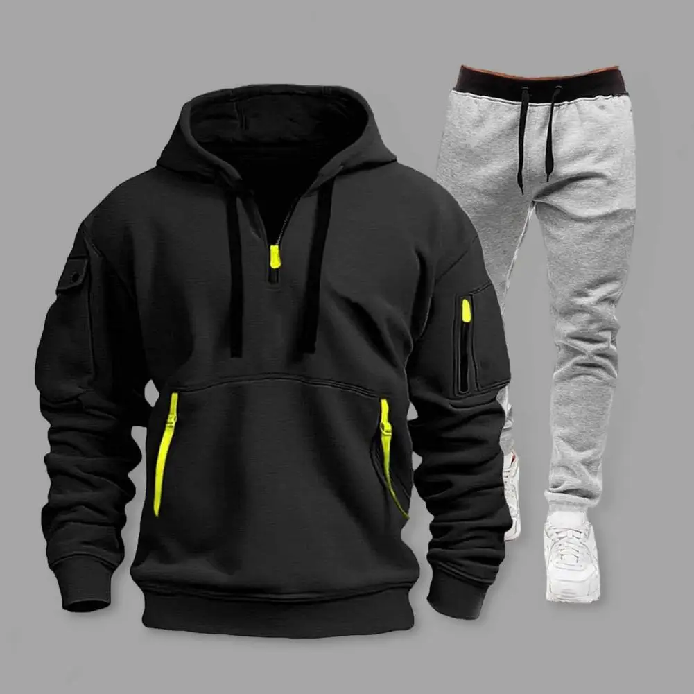 2Pcs/Set Men Sports Suit Hooded Drawstring Long Sleeve Pockets Sweatshirt Elastic Waist Trousers Set Fitness Tracksuit