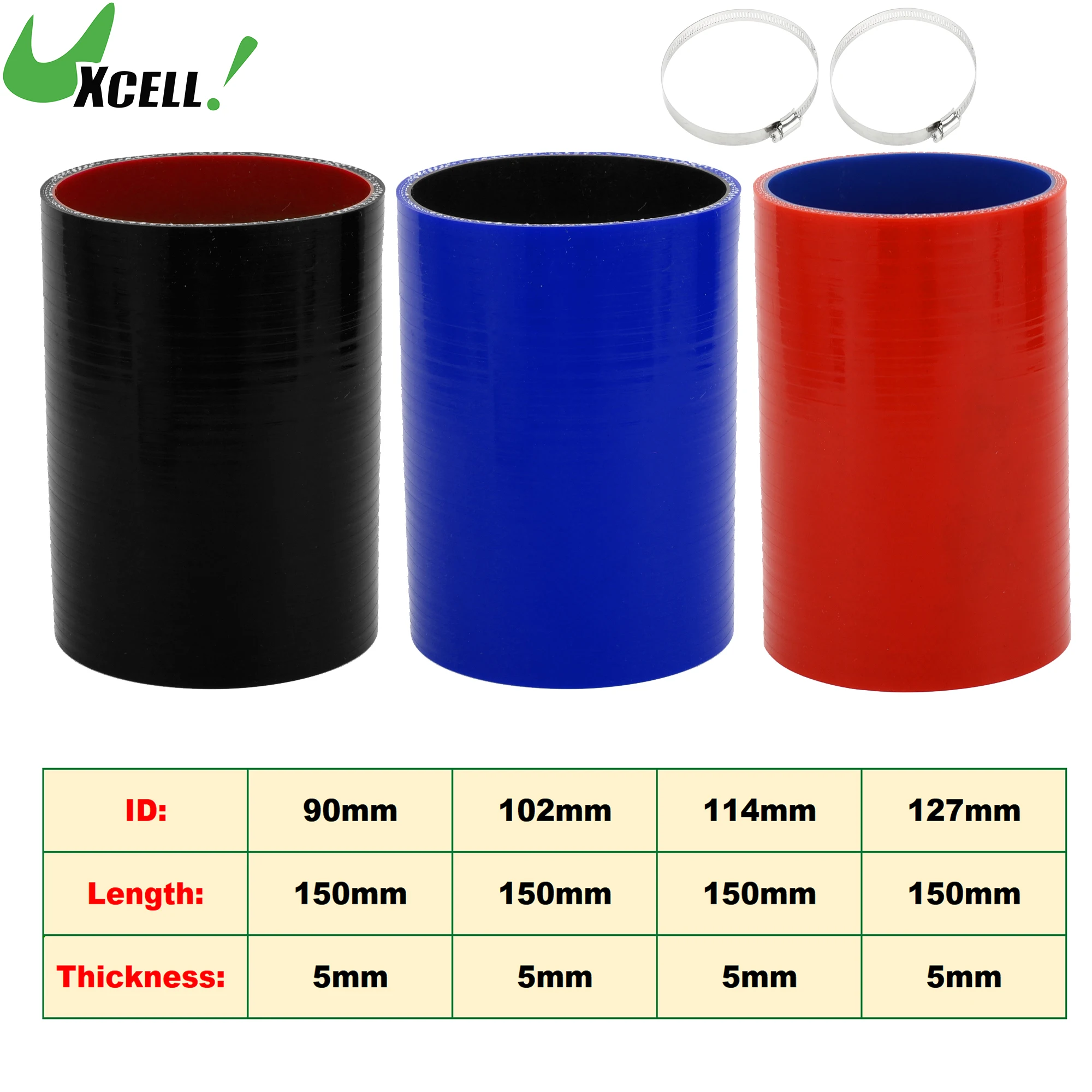 UXCELL 90mm 102mm 114mm 127mm ID 150mm Length 0 Degree Car Silicone Hose with Clamps Coolant Hose Universal Red Black Blue