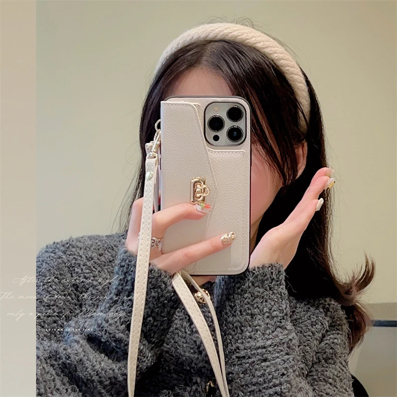 Wallet Shoulder Strap Phone Case for iPhone 16 Pro Max 13 12 14 15 Pro Max 16 Plus Rope Lady Leather Card Pocket Lanyard Cover