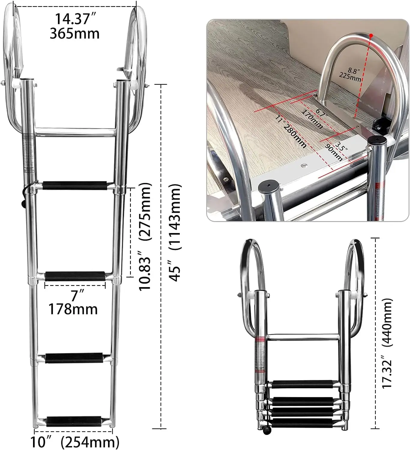 4 Step Removable Stainless Folding Pontoon Boat Ladder,Telescopic Folding Rear Entry Dock Ladder with Extra Wide Step