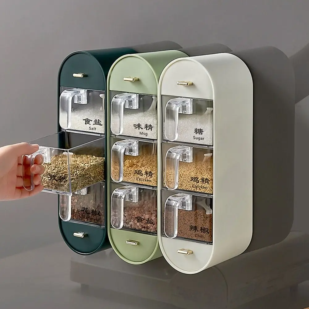 

Plastic 5 Grid Seasoning Box Sealed Moisture-proof Wall-Mounted Seasoning Box Transparent with Spoons Spice Dispenser for Home
