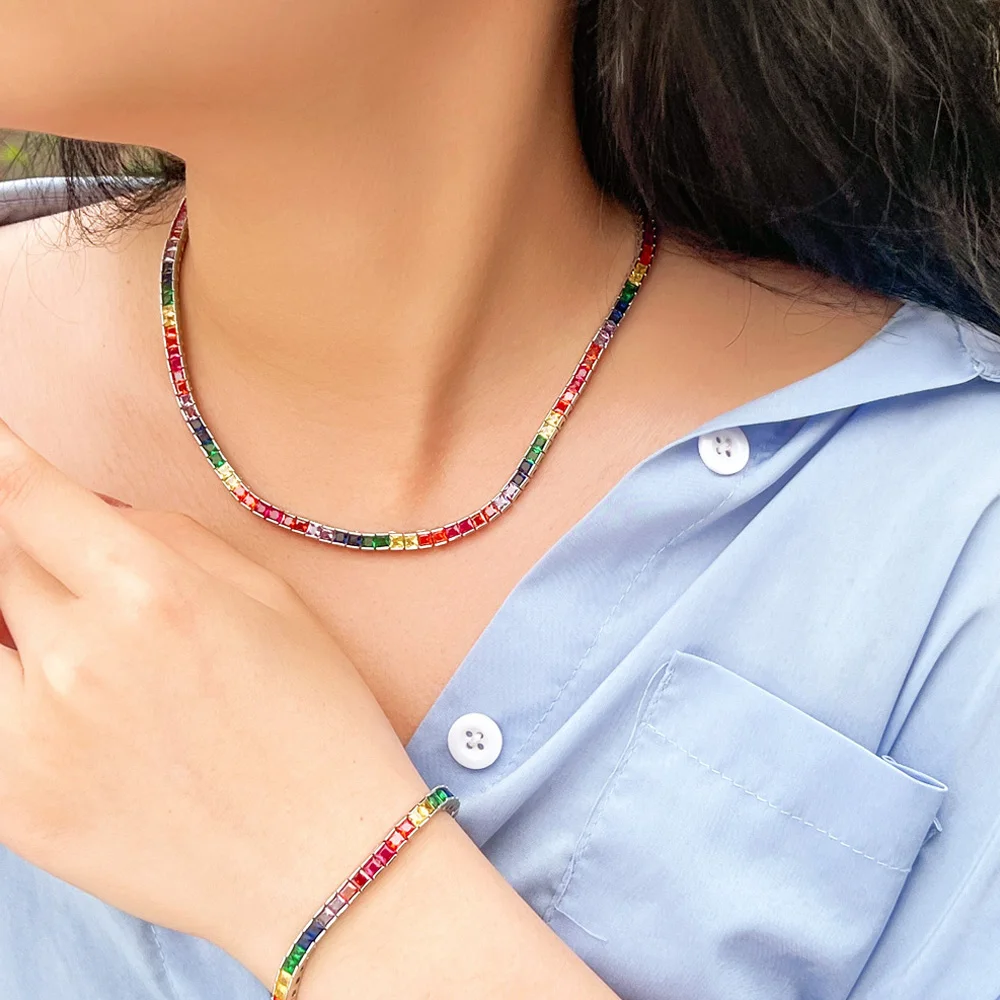 ThreeGraces New Fashion Multicolor Cubic Zirconia Small Square CZ Tennis Necklace and Bracelet Jewelry Set  for Women TZ881
