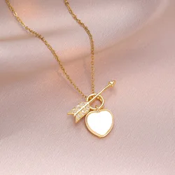 Romantic Shell Love Heart Zircon Arrow Pendant Necklace for Women Creative Stainless Steel Chain Jewelry Anniversary Gifts