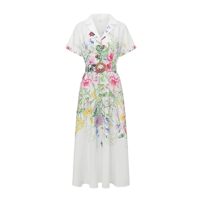 

Summer Floral Print Casual Maxi Dress Women Elegant V Neck A-line Short Sleeve Dresses Office Lady Daily Wear Female Clothing