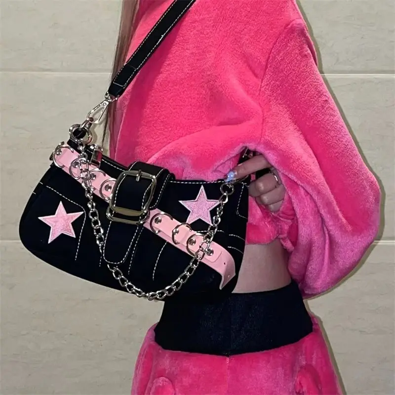 Star Pattern Y2K Hot Girl Chain Shoulder Bags for Women Black Pink Handbag Luxury Designer Grunge Bag Gothic Motor Style Sling