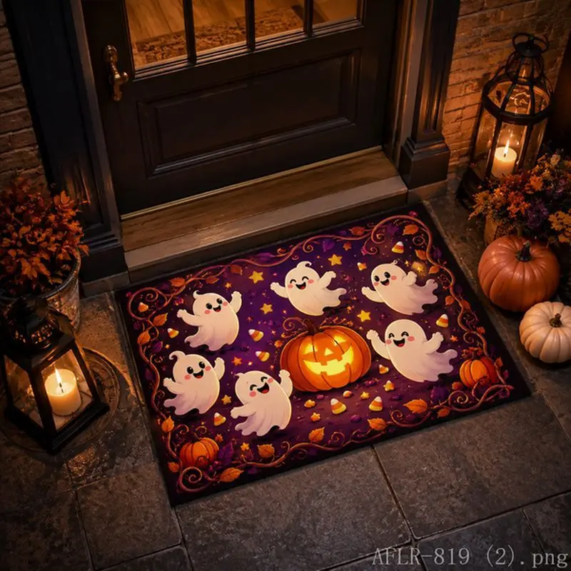 Halloween Crow Pumpkin Moon Cemetery Door Mat, Spooky Non-Slip Floor Rug, Aesthetic Entryway Carpet, Vintage Home Decor