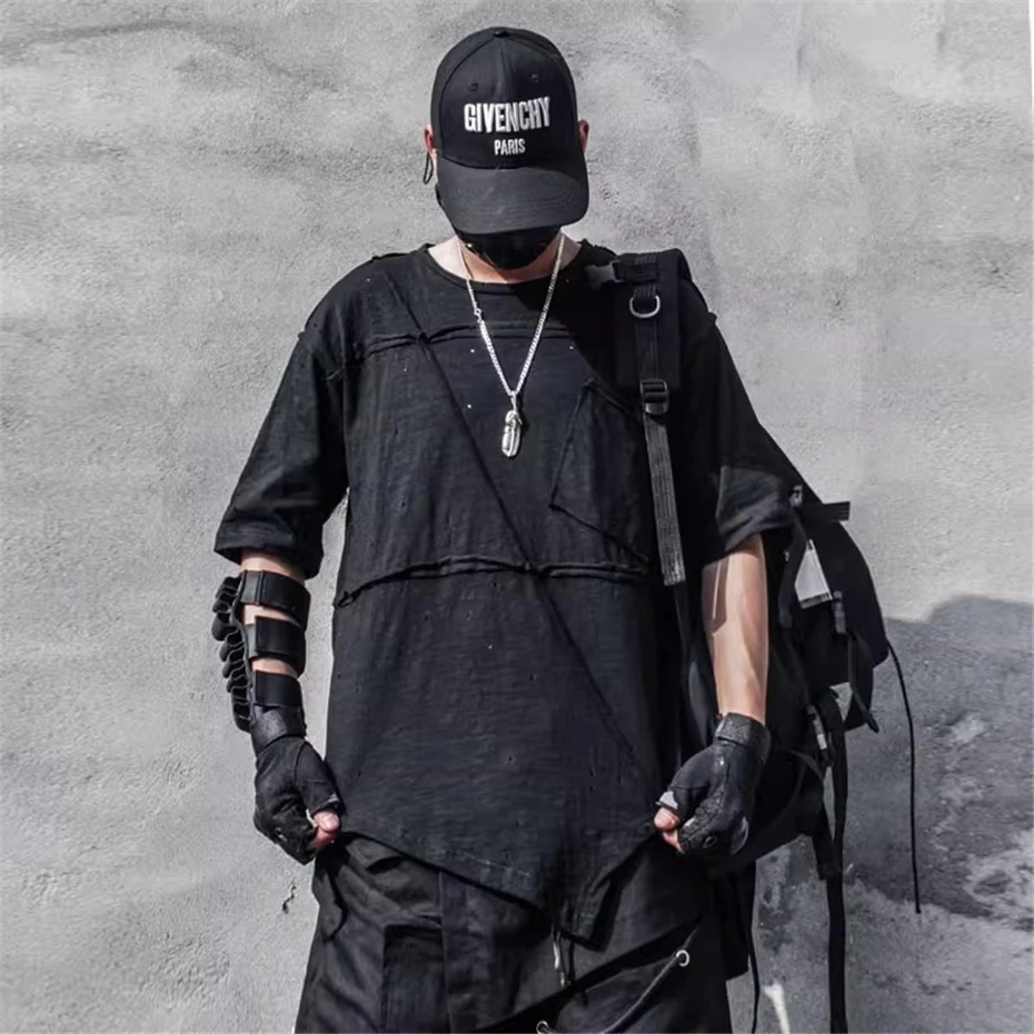 Tactical Mens Ripped Hole Tees Tops Streetwear Hip Hop Short Sleeve T-Shirt Harajuku Irregular Splicing Thin Casual TShirt Male