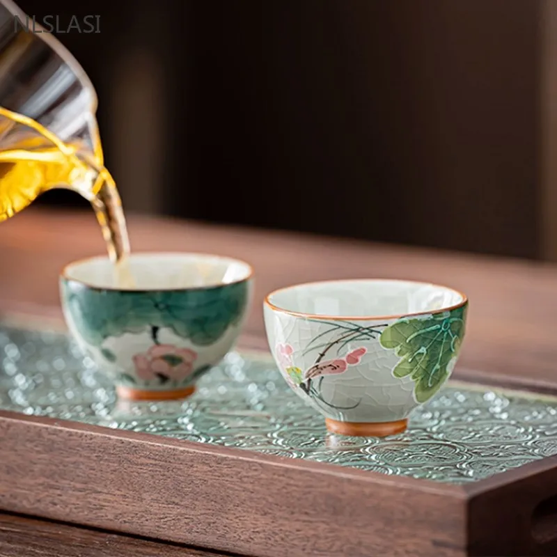 50ml Ge Kiln Ice Crack Glaze Hand-painted Lotus Teacup Ceramic Tea Set Underglaze Color Master Cup Portable Beauty Tea Cup