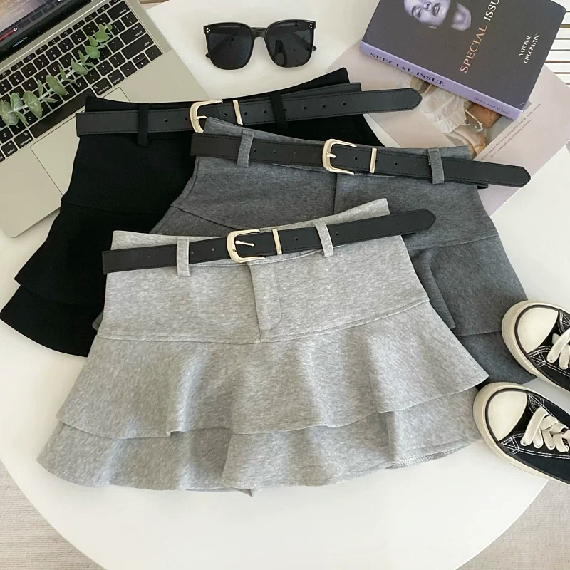Flounced Layered Skirt Women Tiered Ruffle Mini Skirt with Belt Bulit-in Shorts Skort Teenage Girl Rara Skirt 90s Outfit