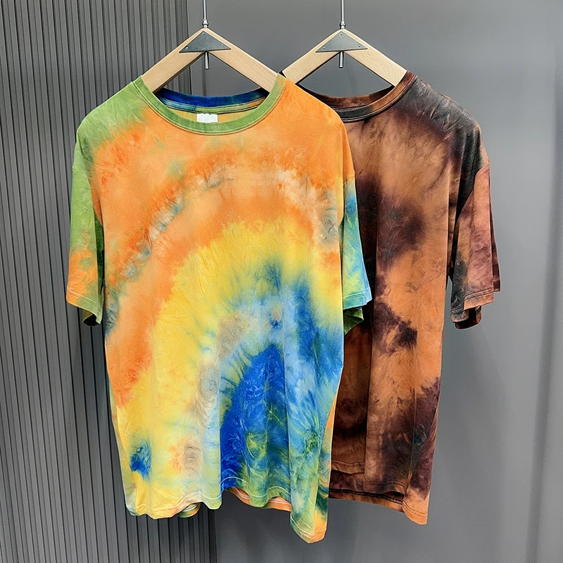 

Настоящая фотография, модные американские уличные футболки ручной работы с принтом тай-дай, повседневные свободные футболки с круглым вырезом и короткими рукавами для мужчин и женщин
