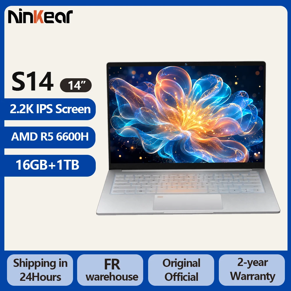 Ninkear S14 PC Portable 14" 2.2K IPS AMD Ryzen 5 7535HS 16GB LPDDR5X 1TB SSD WiFi 6 BT5.3 1kg Ultra Léger Charge Rapide PD65W Empreinte Digitale Type-C Windows 11