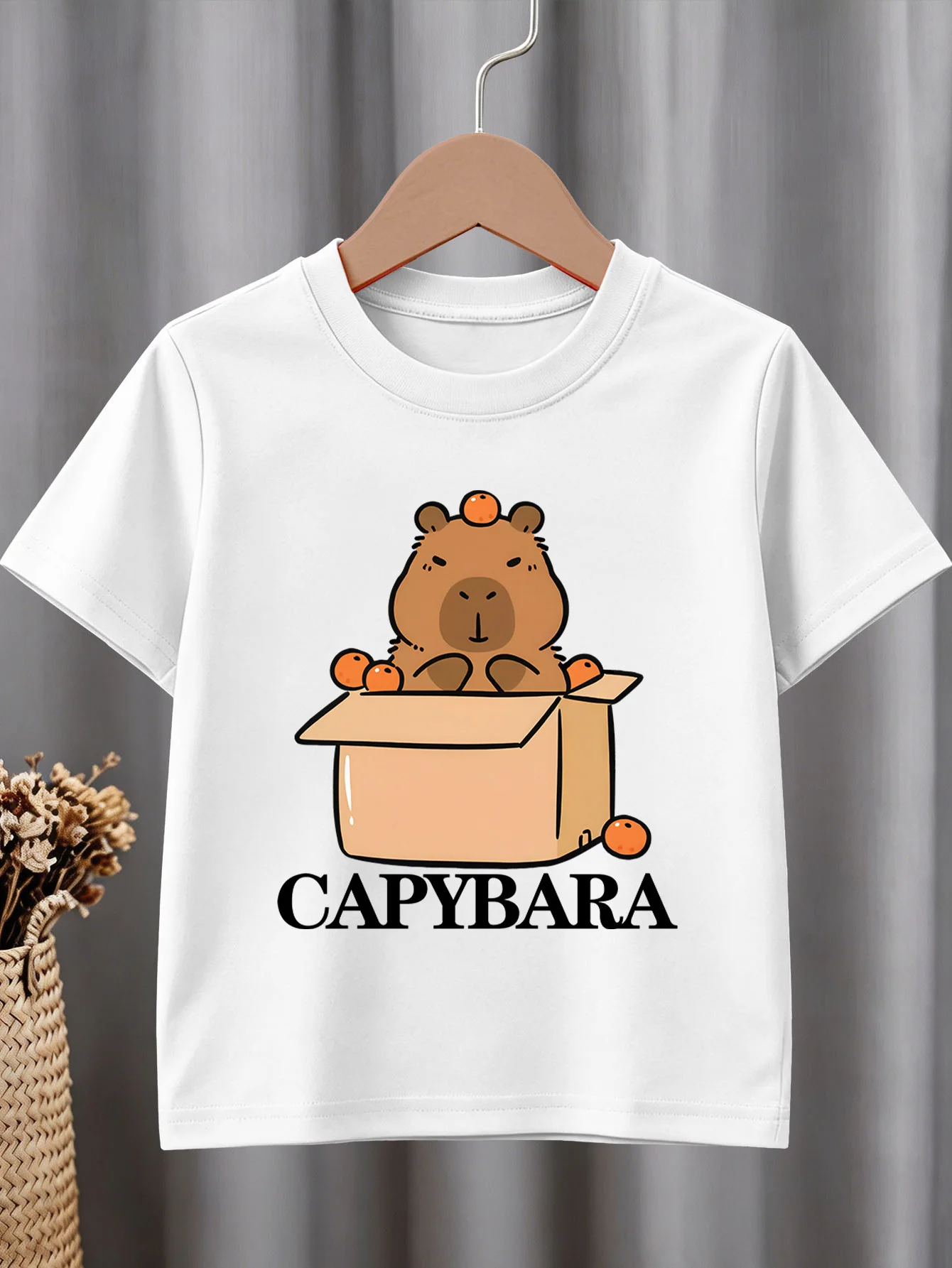 Cute Box Orange Capybara Letter Print Graphic Kids Tee Boys Girls Family Matching Cotton Crew Neck Short Sleeve Soft Summer Tee