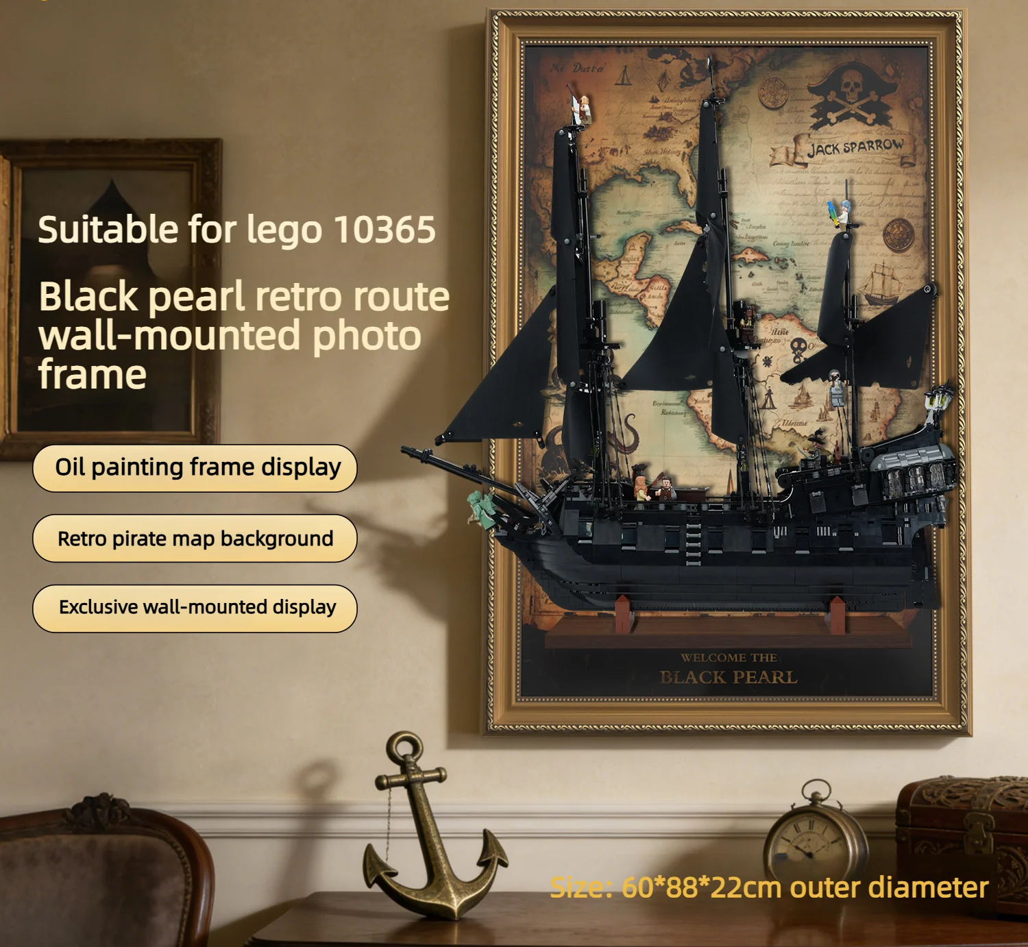 Wall Mount Display Frame Compatible with Lego10365 Black Pearl Pirate Ship Vintage Map Background Wall Hanging Picture Frame