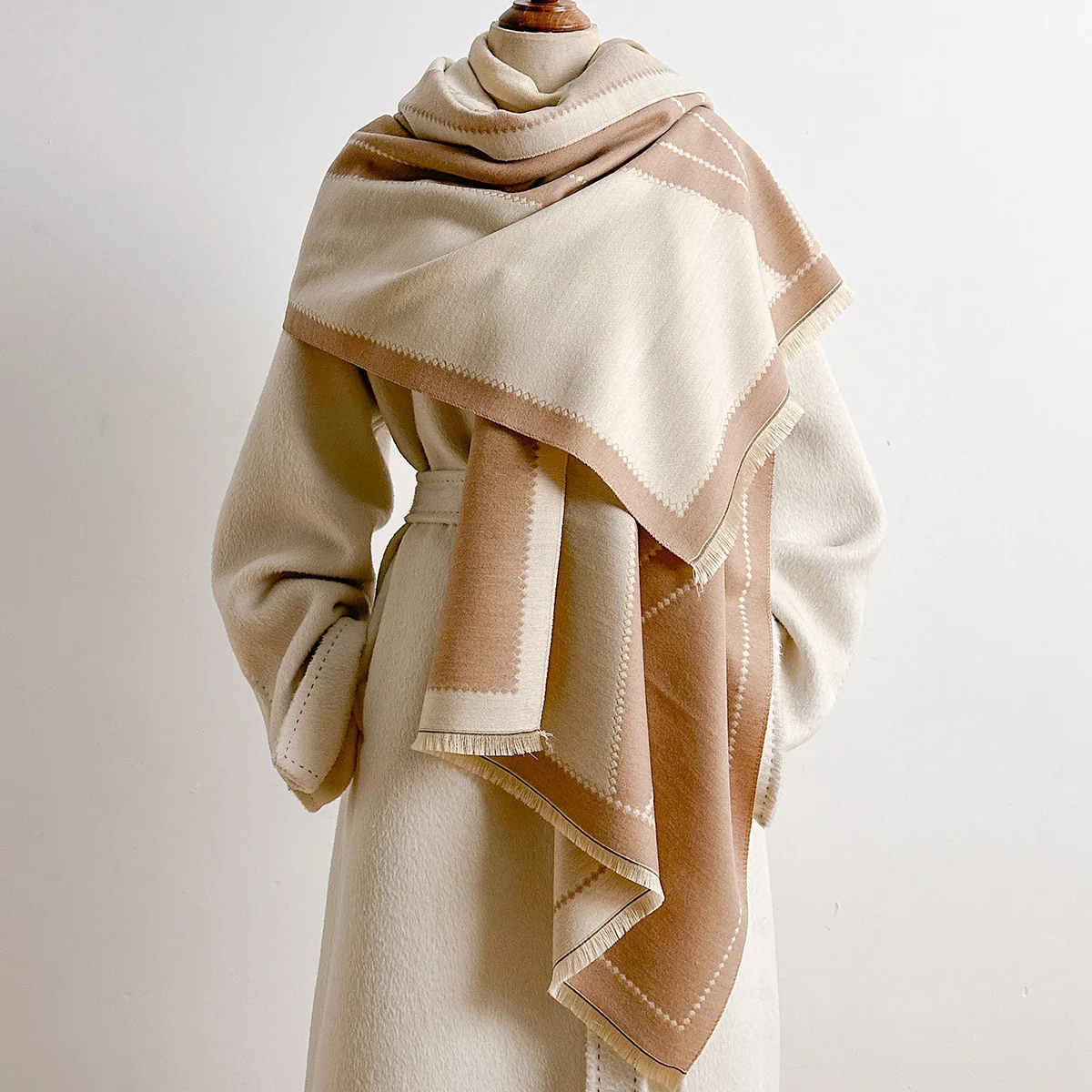 Scarf Women Shawl 2026 Autumn Wool Blend Geometric Jacquard Scarves Ladies Thick Warm Cape Stole Neck Wrap Imitation Cashmere