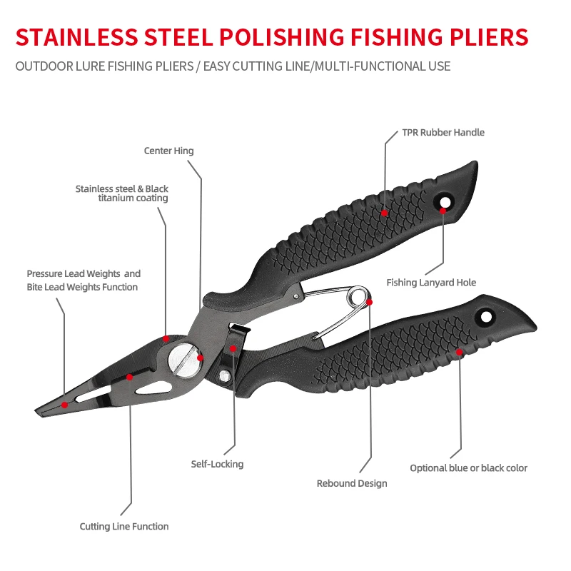 Multifunctional Fishing Accessories Stainless Steel Split Ring Fishing Pliers, Fishing Line Cutter with Sheath and Lanyard