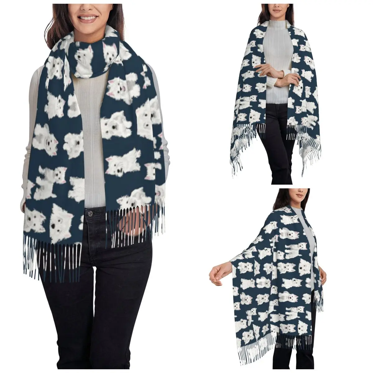 Womens Tassel Scarf Westie Long Winter Fall Shawl and Wrap West Highland Terrier Dog Cute Puppy Daily Wear Pashmina Scarves