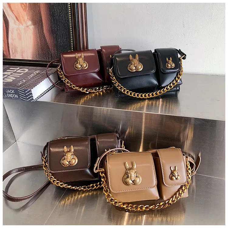 Niche Design Rabbit Metal Chain Small Square Bag Women\'s Ins New High Quality Fashion Single Shoulder Bag Adult PU Crossbody Bag