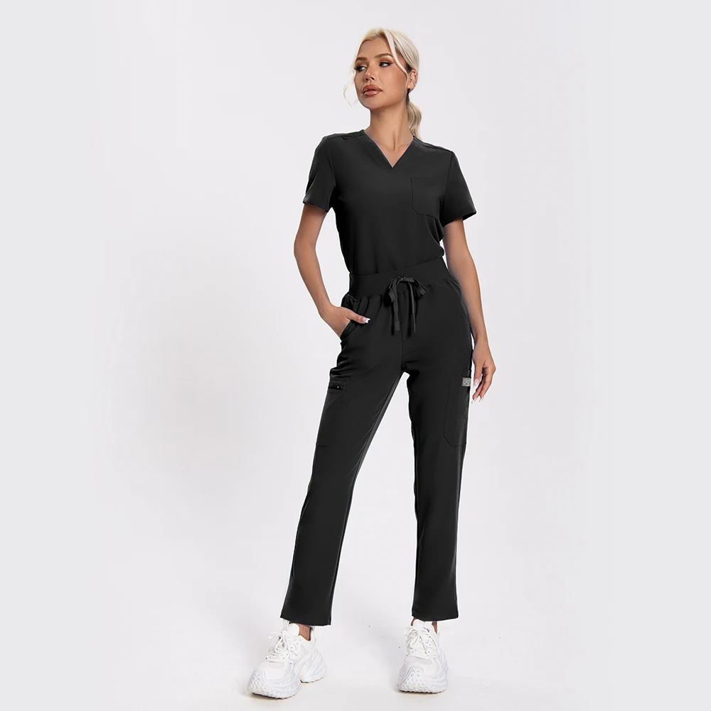 KUNGFU SCRUBS dental nursing scrubs for women v-neck tops drawstring waist pants set w/Antibacterial Waterproof medical uniform
